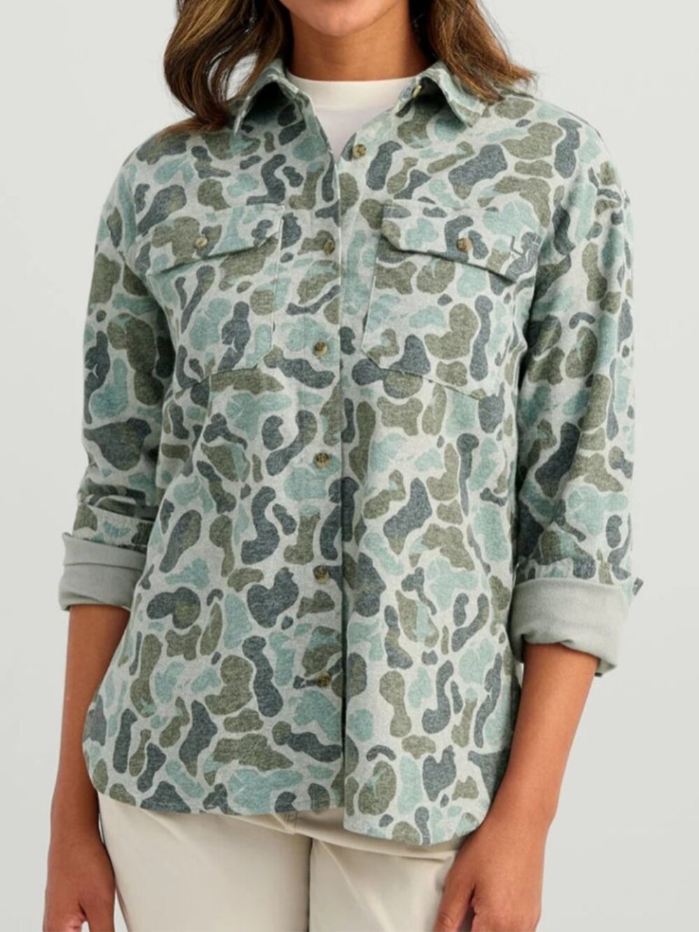 HUK Women's Chesapeake KC Printed Flannel in Volcanic Ash Camo NWT